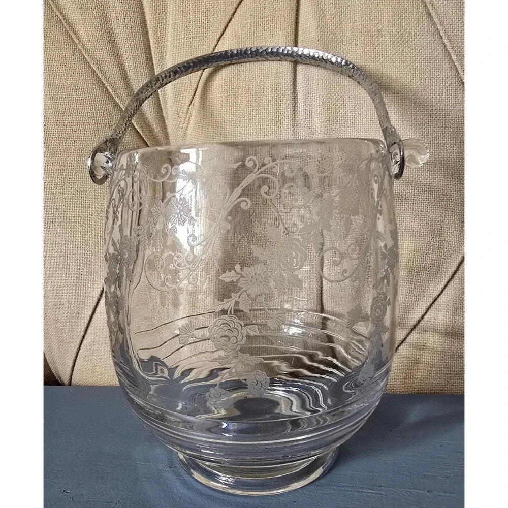 Vintage Depression Style Etched Floral Glass Ice Bucket With Metal Handle
